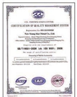 Quality management system certificate (ISO 9001), New Young Star Metal